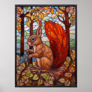 Autumn Stained Glass Red Squirrel Design Poster