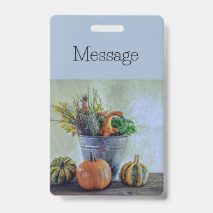 Autumn still life with pumpkins, flowers badge