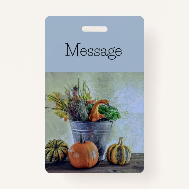Autumn still life with pumpkins, flowers  badge (Front)