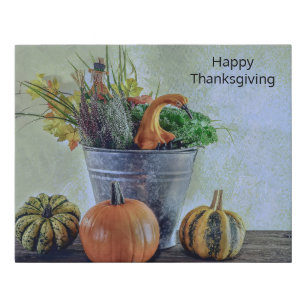 Autumn still life with pumpkins, flowers  faux canvas print