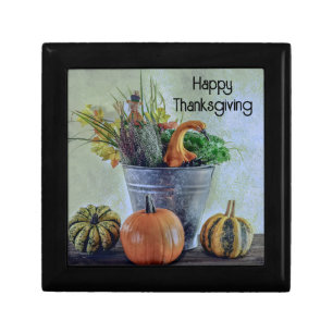 Autumn still life with pumpkins, flowers gift box