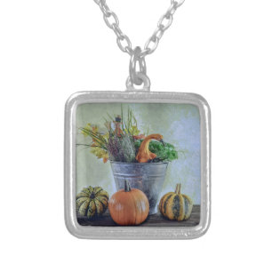 Autumn still life with pumpkins, flowers silver plated necklace