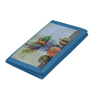 Autumn still life with pumpkins, flowers trifold wallet