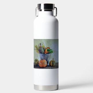 Autumn still life with pumpkins, flowers water bottle