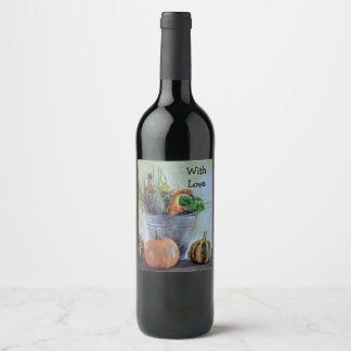 Autumn still life with pumpkins, flowers wine label