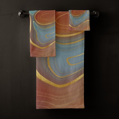 Autumn Strata  Terra Cotta Teal and Gold Agate Bath Towel Set