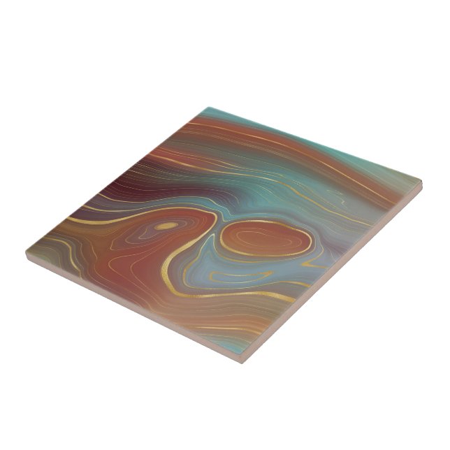 Autumn Strata | Terra Cotta Teal and Gold Agate Ceramic Tile (Side)