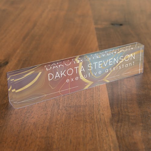 Autumn Strata  Terra Cotta Teal and Gold Agate Desk Name Plate