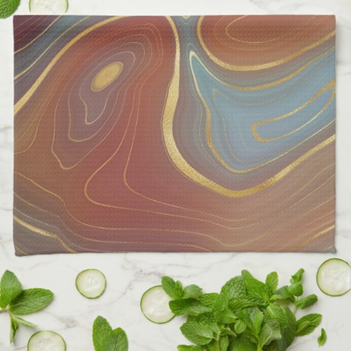 Autumn Strata  Terra Cotta Teal and Gold Agate Kitchen Towel