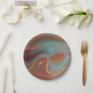 Autumn Strata   Terra Cotta Teal and Gold Agate Paper Plates