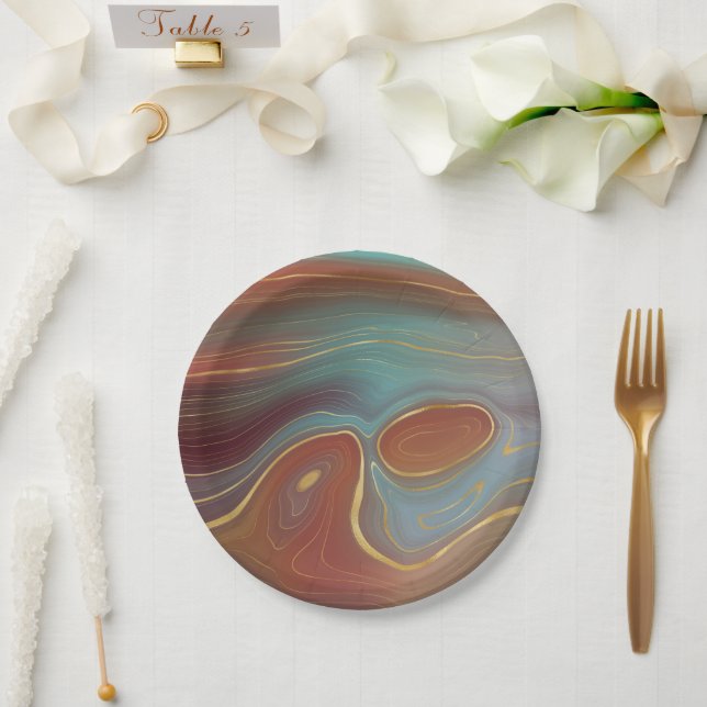 Autumn Strata | Terra Cotta Teal and Gold Agate Paper Plates (Wedding)