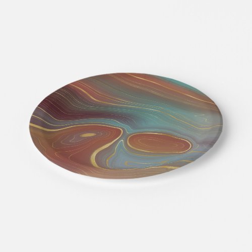 Autumn Strata  Terra Cotta Teal and Gold Agate Paper Plates