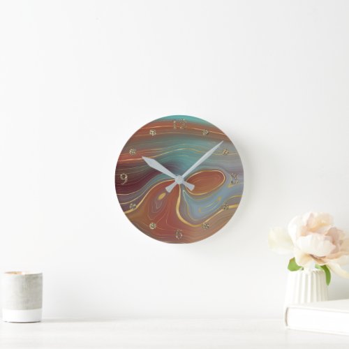 Autumn Strata  Terra Cotta Teal and Gold Agate Round Clock