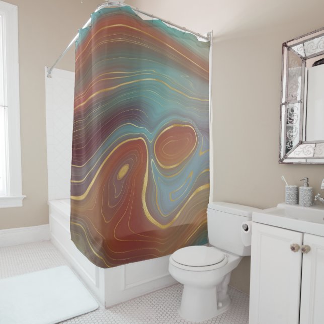 Autumn Strata | Terra Cotta Teal and Gold Agate Shower Curtain (In Situ)