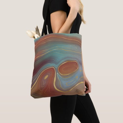 Autumn Strata  Terra Cotta Teal and Gold Agate Tote Bag