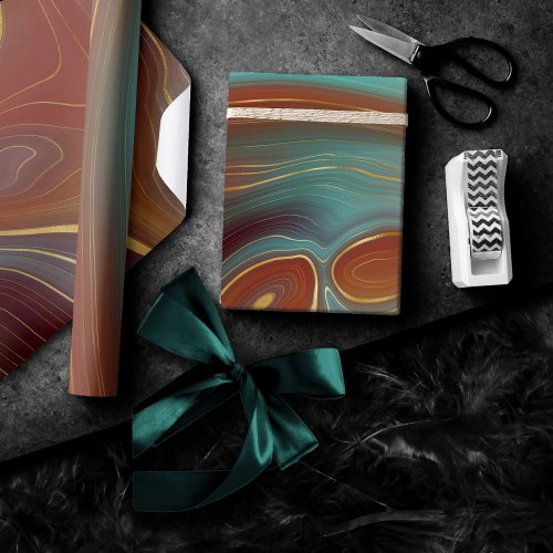 Autumn Strata  Terra Cotta Teal and Gold Agate Wrapping Paper