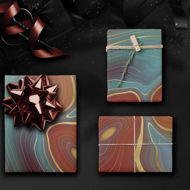 Autumn Strata | Terra Cotta Teal and Gold Agate Wrapping Paper Sheets (Creator Uploaded)
