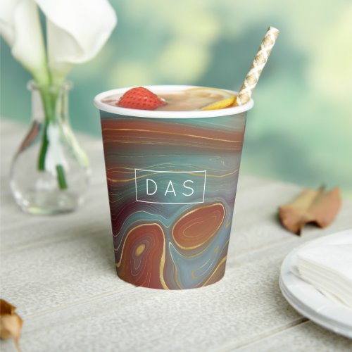 Autumn Strata  Terra Cotta Teal and Gold Monogram Paper Cups