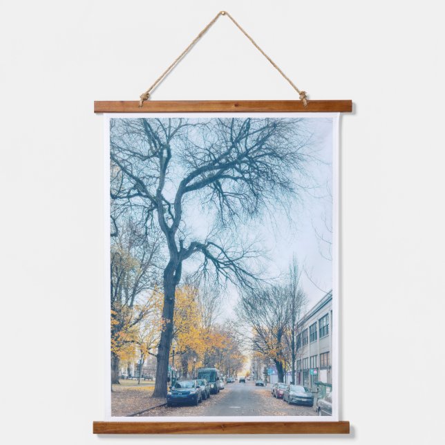 Autumn Street with Tall Bared Tree Hanging Tapestry (Front)