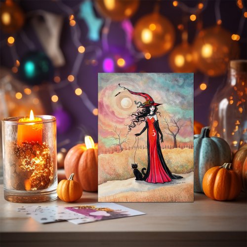 Autumn Stroll Halloween Witch and Black Cat Art Postcard