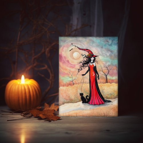 Autumn Stroll Witch Cat Halloween Art Card