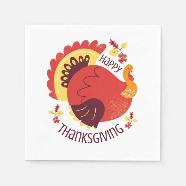 Autumn Stylized Sitting Turkey Happy Thanksgiving Napkins (Front)