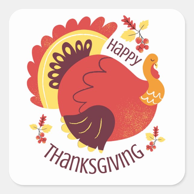 Autumn Stylized Sitting Turkey Happy Thanksgiving Square Sticker (Front)