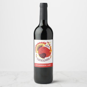Autumn Stylized Sitting Turkey Happy Thanksgiving Wine Label