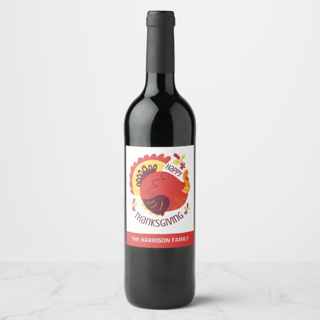 Autumn Stylized Sitting Turkey Happy Thanksgiving Wine Label (Front)