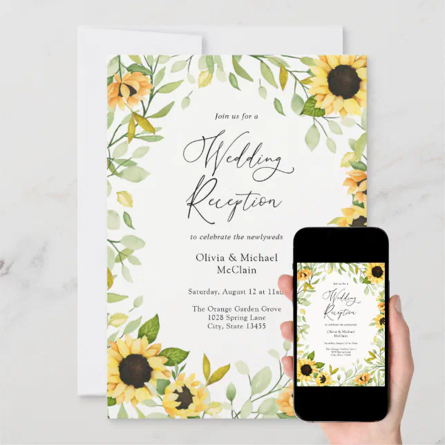 Autumn Sunflower and Greenery Wedding Reception Invitation | Zazzle