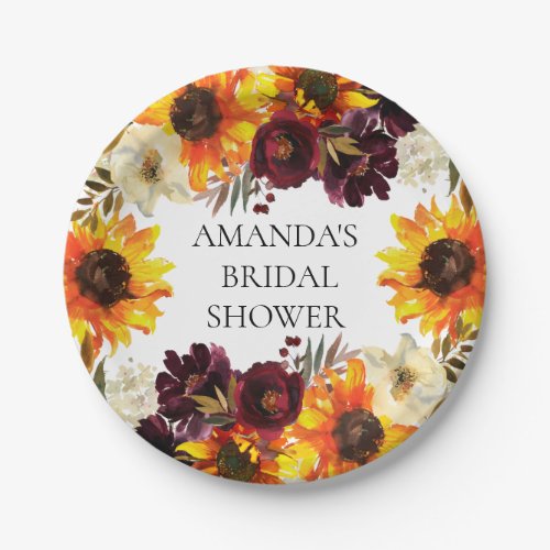 Autumn Sunflower Bouquet Floral Bridal Shower Paper Plates