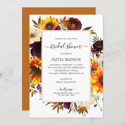 Autumn Sunflower Burgundy Floral Bridal Shower Invitation
