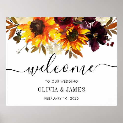 Autumn Sunflower Burgundy Wedding Welcome Sign