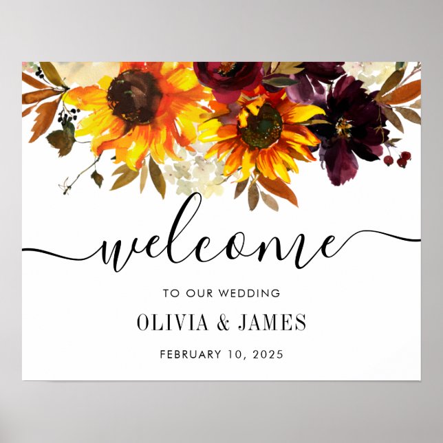 Autumn Sunflower Burgundy Wedding Welcome Sign (Front)