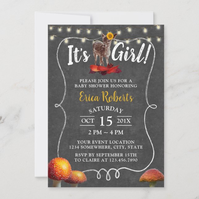 Autumn Sunflower Deer Girl Chalkboard Baby Shower Invitation (Front)