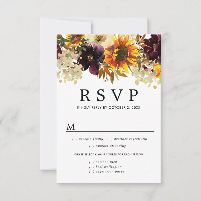 Autumn Sunflower Floral RSVP Card, Meal Options (Front)