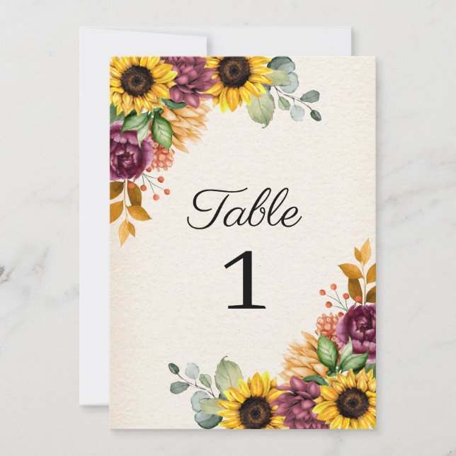 Autumn Sunflower Floral Wedding Table Number (Front)