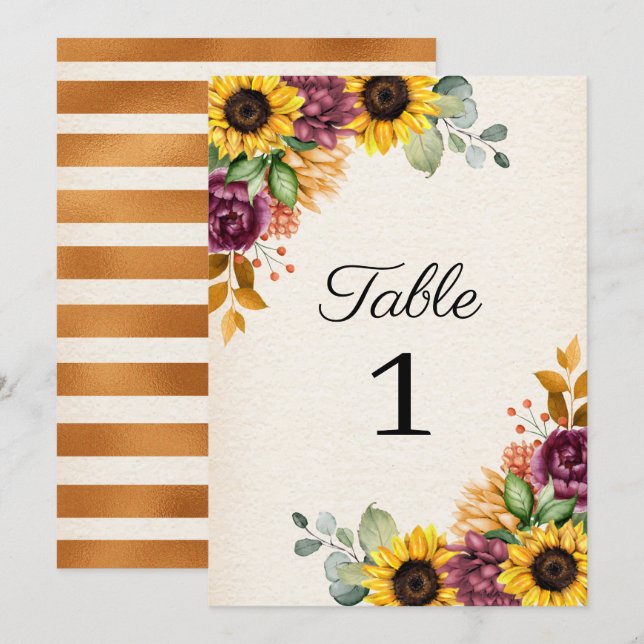 Autumn Sunflower Floral Wedding Table Number (Front/Back)