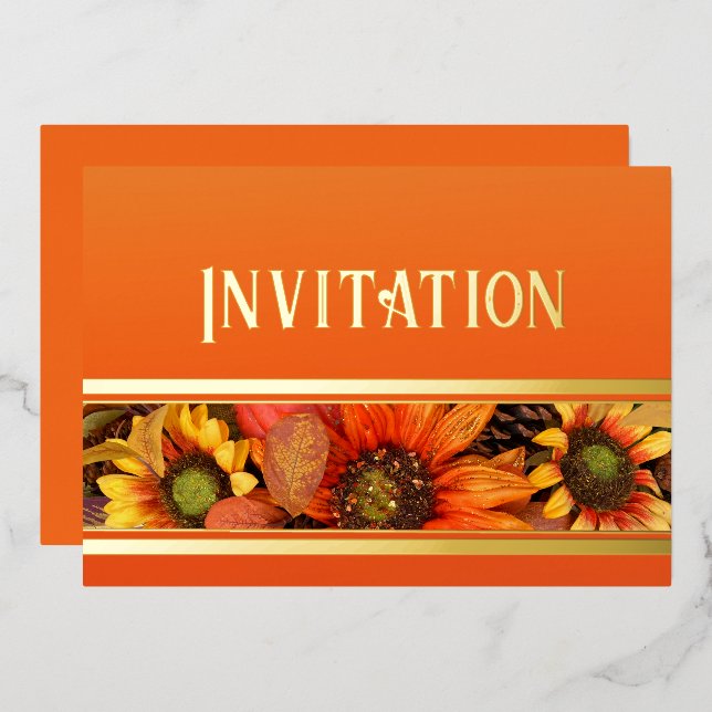 Autumn Sunflower Florals Foil Invitation (Front/Back)