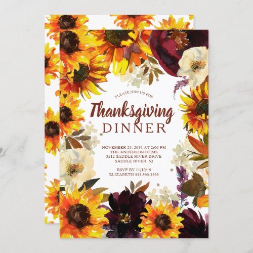 Autumn Sunflower FloralThanksgiving Dinner Invitation