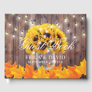 Autumn Sunflower Jar String Lights Rustic Wedding Guest Book