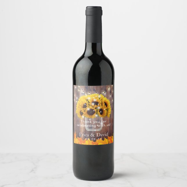 Autumn Sunflower Jar String Lights Rustic Wedding Wine Label (Front)
