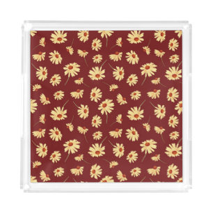 Autumn Sunflower: Maroon Seamless Design Acrylic Tray