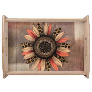 Autumn Sunflower On Rustic Farmhouse Wood Serving Tray