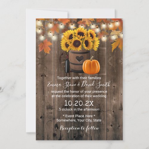 Autumn Sunflower  Pumpkin Rustic Fall Wedding Invitation