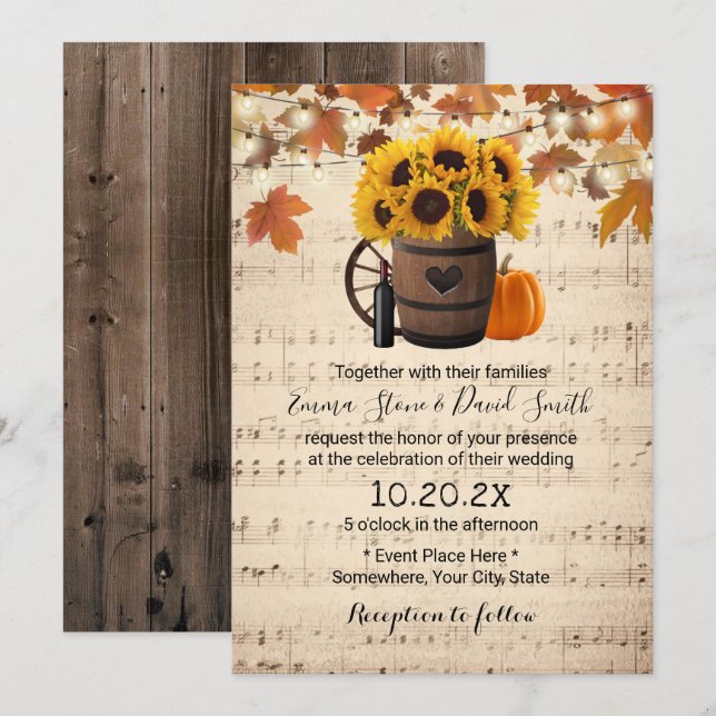 Autumn Sunflower & Pumpkin Vintage Musical Wedding Invitation (Front/Back)