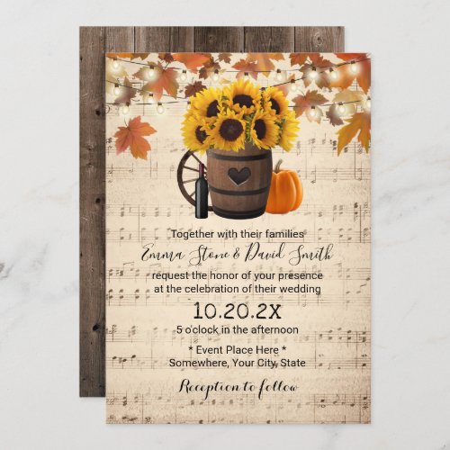 Autumn Sunflower  Pumpkin Vintage Musical Wedding Invitation