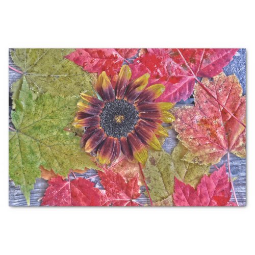 Autumn Sunflower Red Yellow Maple Leaves Wood Tissue Paper