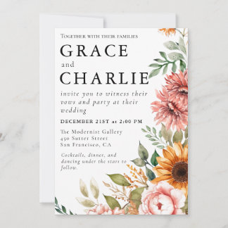 Autumn Sunflower Watercolor Wedding Invitation 