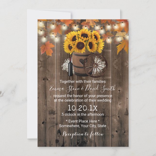 Autumn Sunflower Wood Barrel Rustic Barn Wedding Invitation (Front)